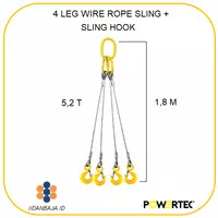 4 LEG WIRE ROPE SLING + SLING HOOK. 14 MM X 5,2 TON X 1,8 MTR