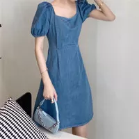 Midi Dress Tied Ribbon Back Denim Blue Casual Korean Style Puffy CS