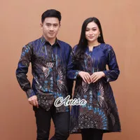 Baju Batik Couple Pasangan Muda Lengan Panjang Katun Motif Manuk Biru