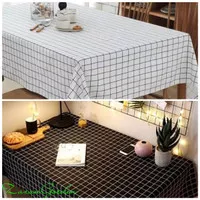 taplak meja bahan katun 4 - 6 kursi motif kotak-kotak, 100 x 200