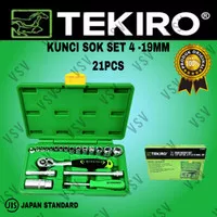 TEKIRO Kunci Sok set 4-19mm 21pcs 1/4"-3/8" Drive Hand Socket set 21pc