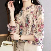 Atasan Blouse Floral Vintage Creme Flowy Classy Casual Top Wanita CVF