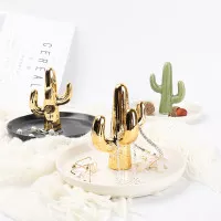 Pajangan Kaktus Nordic Gold Cactus Ceramic Jewelry Plate Tray