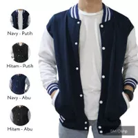 Jaket Varsity Baseball Pria Kancing Polos Biru Dongker Lengan Putih