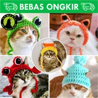 Topi kucing anjing rajut motif kodok baju mainan kucing pet bucket hat