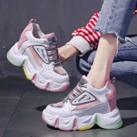 Sepatu sneakers wanita wedges rainbow pink