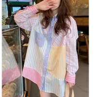 kemeja katun long shirt rainbow salur stripe wanita garis garis