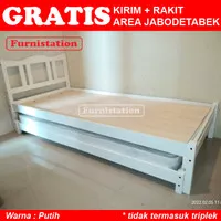 Single Bed / Ranjang Single / Tempat Tidur Kayu Tunggal +Sorong 90x200 - Putih Semi Duco