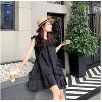 Mini Dress Aksen Rempel Slempang Cute Korean Style Black White A Line