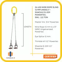 2 LEG WIRE ROPE SLING 12 MM UNGALV + SHACKLE G-209. SWL 2,5 TON POWERT