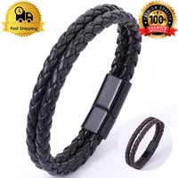 Gelang Pria Hitam Kulit Asli Tangan Coklat Clasp Magnet Titanium G180