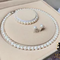 1 Set Perhiasan Kalung Gelang Giwang Mutiara Air Tawar Asli+Sertifikat