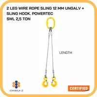 2 LEG WIRE ROPE SLING 12 MM UNGALV + SLING HOOK. SWL 2,5 TON POWERTEC 