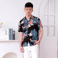 Kemeja Floral Pria lengan pendek Hitam/ Baju Pantai Hawai Cowok 7837