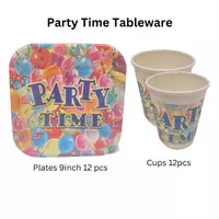 Paper Plates Cups Party Time/Piring Gelas Kertas Pesta Ultah 12pcs