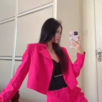 Blazer crop wanita korea pink dan hitam BZJT20117.20J169