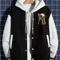 JAKET VARSITY HOODIE PRIA JUMBO, INISIAL R SIZE S-XXXXXXL, WARNA HITAM