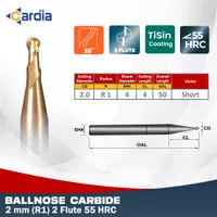 Ballnose 2 mm R1 x 50 - 2F Short 55 HRC ball nose mill Carbide CARDIA