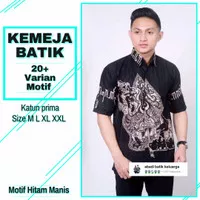 Kemeja hem batik pria lengan pendek hitam manis motif wayang arjuna