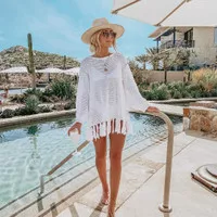 white knit long outer top beach bikini cover up luaran pantai - bikini