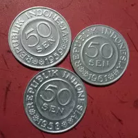 Set uang logam Indonesia 50 Sen 1958 1959 1961 3pcs koin TP9sk
