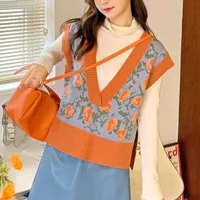 Outer Vest Flower Knit Vintage Orange Spring Casual Korean Look XLM