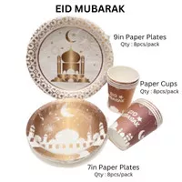 Paper Plates Cups Eid Gold 8pcs/Piring Gelas Kertas Lebaran Idul Fitri