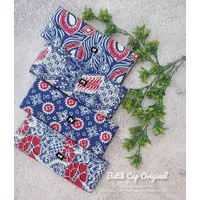 Kain Batik Cap Original Motif Bunga Bulu Merak Warna Biru Merah