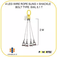 4 LEG WIRE ROPE SLING + SHACKLE BOLT TYPE. 20 MM X 2 M. SWL 5,1 T POWE