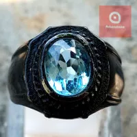 Cincin Tanam Hitam Batu Permata Blue Topaz Oval Cutting