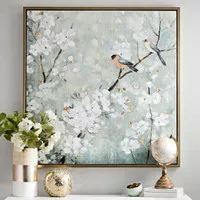 lukisan dinding kanvas bunga kecil dengan burung cantik