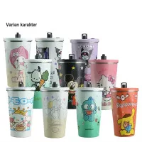 Gelas mug tumbler stainless 600ml + sedotan karakter