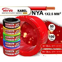 Kabel Listrik Nya 1x2.5 1x2,5 ISI 1 / 2.5 / 2,5 MM Tunggal Single Core Panel Grounding Kawat Tembaga Merah , biru , Kuning , Hitam 50 Meter 50M MYVO SNI Kualitas Tembaga Murni Seperti Eterna Supreme Jembo Metal Kabelindo