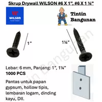 Skrup Gypsum Drywall Wilson 6x1 (6x1 inch), 6x1 (6x1 inch) Sekrup Gipsum, Baut Gipsum Sekrup Drywall Screw Hitam/Black Dus 1000 PCS