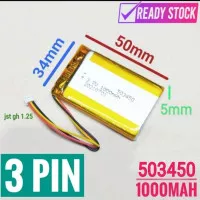 Baterai 523450 Li ion 3 Kabel 3.7v 1000mAh Bluetooth Headphone Mp3 GPS