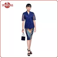 Setelan Kebaya Kutubaru Rok Pendek Batik Broklat V-Neck Arini Biru