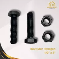 Baut Mur Hexagon M12 x 50 mm Baja Hitam Kunci 19 / Baut Hex 1/2 x 2