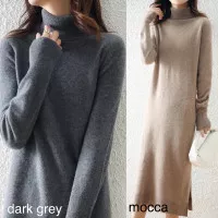 Turtleneck slit sweater knit loose dress (108)