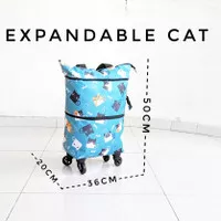 tas travel roda belanja barang sleting foldable tote kucing biru