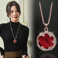 Kalung Sweater Rose Gold Red Flower Pendant Crystal Long Necklace N21