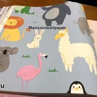 Wallpaper Dinding Kartun Anak Hewan Animal Zoo Biru Hijau Pink