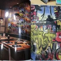 Wallpaper Dinding Murah Mural Street Art Cafe Biru Merah hijau 15M2
