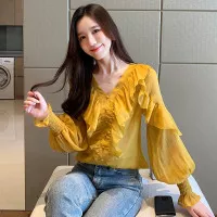 baju wanita impor Blus V-Neck Lengan Panjang Ruffle Bahan Sifon Mif