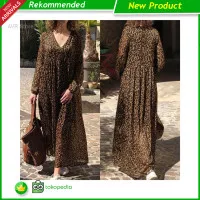 New ZANZEA Dress Maxi Lengan Panjang V-Neck Motif Leopard untuk Wanita