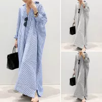 ZANZEA muslim Wanita Lengan Panjang Striped Slit Maxi Shirt Dress