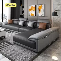 Sofa Minimalis L Shape 4 Seater Gratis Bantal dan Puff Fullset Meja