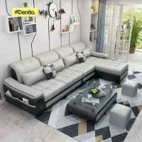 Sofa Minimalis Modern L Shape 4 Seater Gratis Bantal dan Puff Fullset