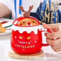 SET HADIAH NATAL MUG GELAS KERAMIK DAN TUTUP DENGAN SENDOK TEH DESAIN