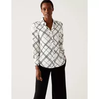 M&S - Blouse Wanita - Printed Collared Long Sleeve Shirt - Ivory Mix