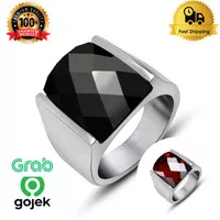 Cincin Batu Pria Titanium Silver Merah Ruby Hitam Onyx Men Ring C147